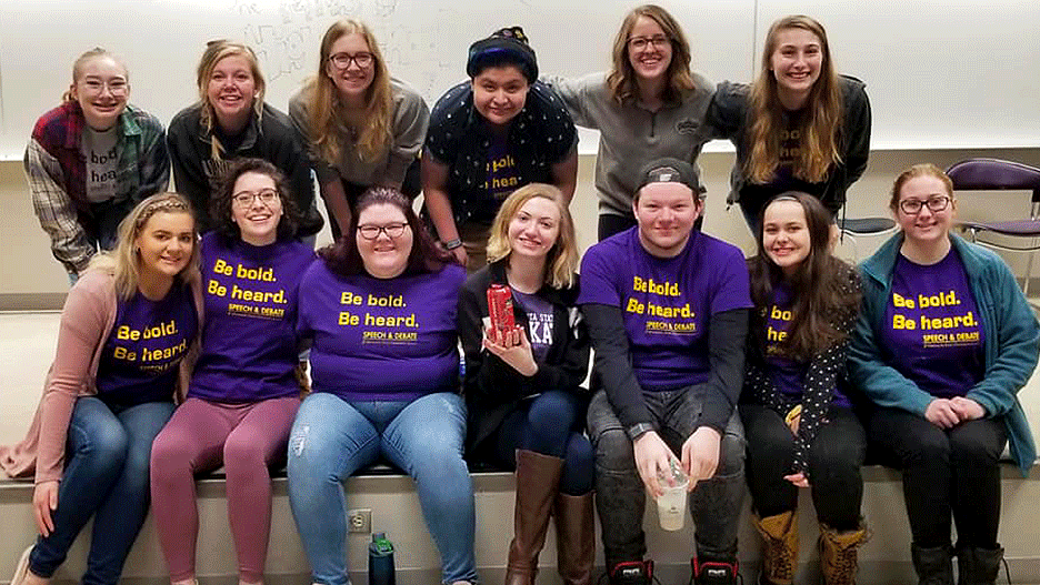 The Speech & Debate Team at Minnesota State University, Mankato posing for a group photo