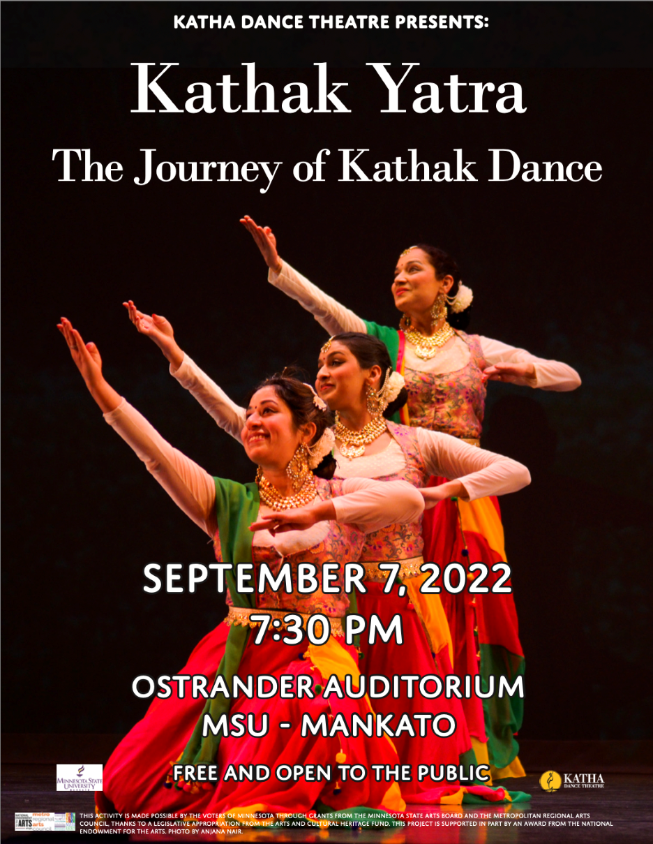 3 dancers in their dance positions in the Kathak Yatra (the journey of Kathak dance) poster